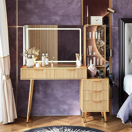 GarveeHome Fluted Makeup Vanity Desk with Lights, 48 in Big Vanity with Glass Top and Large 36" HD Lighted Mirror, Modern Dressing Table with 5 Drawers 3-Tier Shelves Set w/Charging Station (Oak)