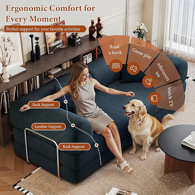 Boneless Couch Sectional Sofa,Convertible Sofa Bed with Sleeper Sofa,Futon Floor Couch Folding Sofas for Living Room,Bedroom,Apartment (Blue, 78.8''W)