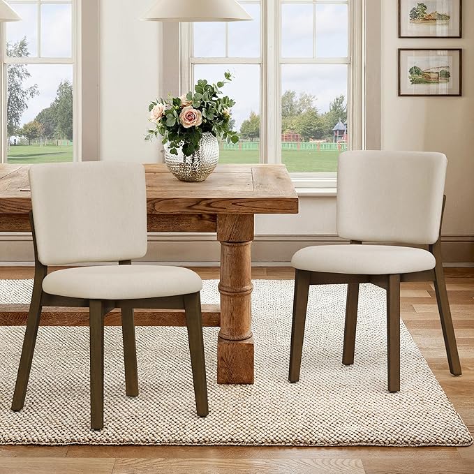 LUE BONA Wooden Dining Chairs Set of 6, Comfortable Wide Back Kitchen Side Chairs, Strong Thick Legs for Modern Farmhouse Dining Room, Linen Upholstered and Dark Brown Legs