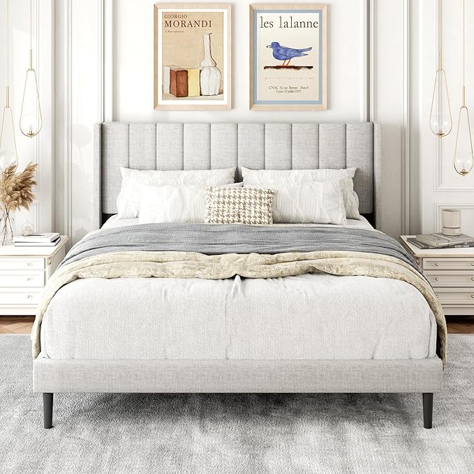 Queen Size Bed Frame with Upholstered Wingback Headboard, Easy Assemnly Platform Bed, Wooden Slat Support No Box Spring Needed, Sand