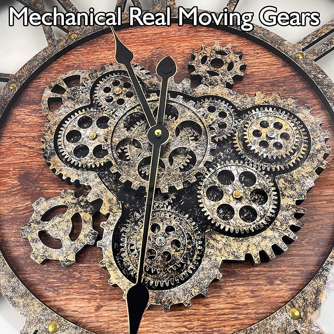 DORBOKER 30" Large Wall Clock Moving Gears,Oversized Industrial Rustic Farmhouse Clocks for Living Room Decor Office Home, Solid Wood Retro Metal HD Tempered Glass Cover, Brown and Vintage Bronze
