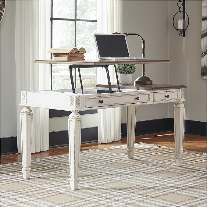 Signature Design by Ashley Realyn French Country 60" Home Office Lift Top Desk with USB Charging, Chipped White