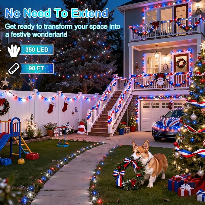 350LED 90FT Christmas Lights Indoor Outdoor, 12 Modes Red Blue and White Outdoor String Lights with Timer & Dimmable, Green Wire Christmas String Lights for Xmas Patio Yard Fence Bedroom Garden Decor
