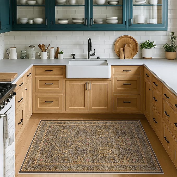 Vintage Gold Brown Entryway Rug, 3x4 Washable Area Rugs for Kitchen, Bathroom, Bedroom, Oriental Low Pile Stain Resistant Non-Slip Small Throw Rug