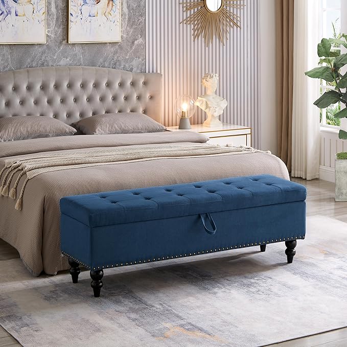 mikibama Linen Storage Bench for Bedroom End of Bed,59" Long Tufted Bed Bench with Storage,Modern Mid Century Storage Ottoman Bench for Window,Entryway,Living Room Solid Wood Legs (Blue)