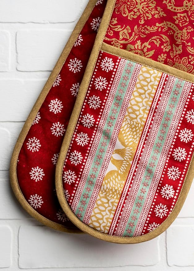 Maison d' Hermine Double Oven Mitt (7" x 35") 100% Cotton Heat Resistant BBQ Cooking Gloves with Loop for Thanksgiving Christmas Decorations Baking Cooking Barbeque Handling Hot Pan (Sofia)