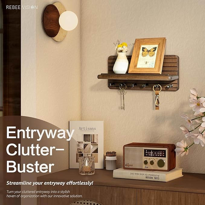 Rebee Vision Farmhouse Key Holder Wall Mount for Home Decor – Decorative Pine Wooden Key Holder for Wall with 6 Hooks & Floating Shelf - Rustic Charm for Room Decor Aesthetic (Brown)