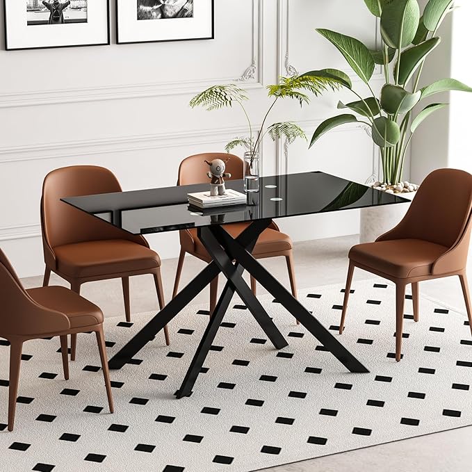 51" Rectangular Glass Dining Table Modern Kitchen Glass Top Table for 4 with Black Metal Legs, Clear Dining Table Kitchen Table for Home Office Dining Room
