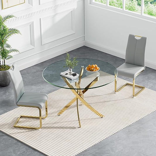 Goujxcy 3 Pieces Round Dining Table Set for 2, Modern Gold Glass Kitchen Table and Chairs for 2 with Upholstered Chairs, Circle Coffee Dining Table Set for Small Space,Apartment,Office