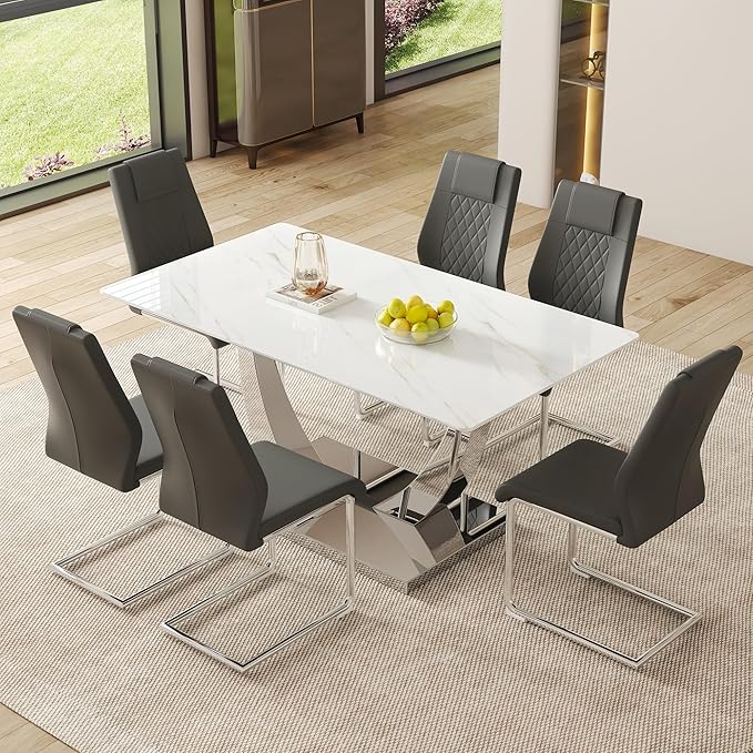 AZmac 63" Modern Dining Table Set for 6, White Dining Room Set for 6, Tempered Glass Kitchen Table and PU Leather Chairs, Marble Pattern Top with Sturdy Silver Chrome Base