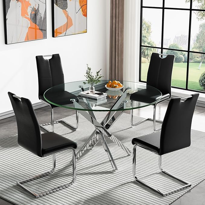 Goujxcy Round Dining Table Set for 4, Modern Glass Kitchen Table and Chairs Set of 4, 5 Piece Dining Room Table Set with 47" Circle Silver Metal Glass Dinner Tables and 4 Black Leather Dining Chairs