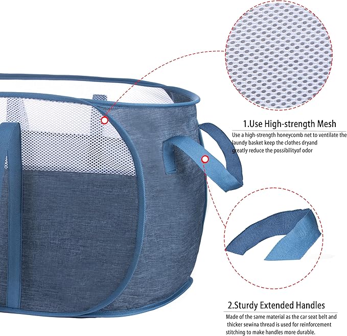 Pop Up Laundry Hamper，with Durable Handles collapsible laundry basket，Easy to Open and Fold for college Dorm,kids room，travel (2 blue)…