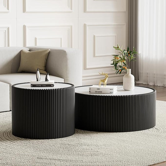 Round Coffee Table Set with Sintered Stone Tabletop, 29.52" Black Drum Center Table and 17.71" Black Coffee Table Set, 2 Pieces Living Room Table Set with Fluted PU Leather Cover& Stable Base