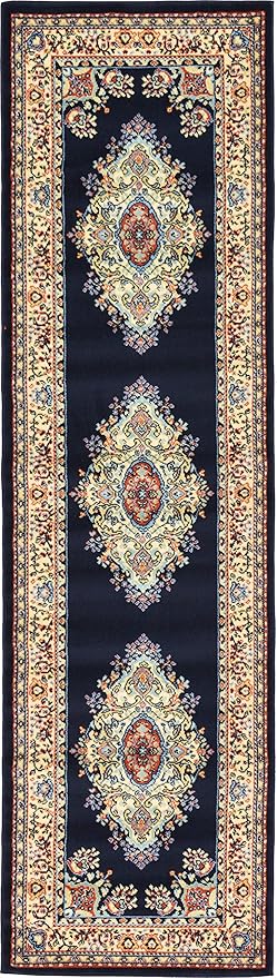 Unique Loom Reza Collection Traditional Persian Style Area Rug, 2 ft 7 in x 10 ft, Navy Blue/Ivory