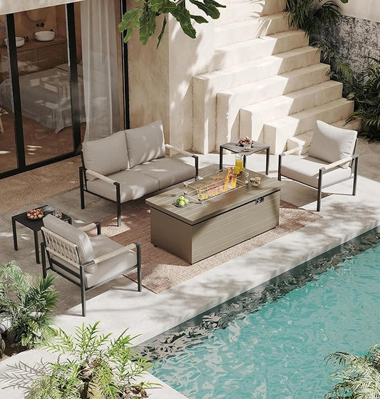 Metal Patio Furniture Set with 51inch Champagne Fire Pit Table, 6-Piece Modern Outdoor Conversation Set with 6-Inch Thick Cushions, Outdoor Furniture Set for Garden, Backyard, Balcony (Warm Grey)