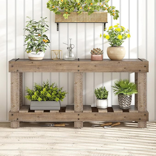 62.9" Vintage Entryway Table - Solid Cedar Wood with Natural Grain, 6 Reinforced Legs & 4.5" Thick Desktop, Metal Rivet Decor & Plank Under-Shelf, Console Table for Hallway, Living Room (Natural)