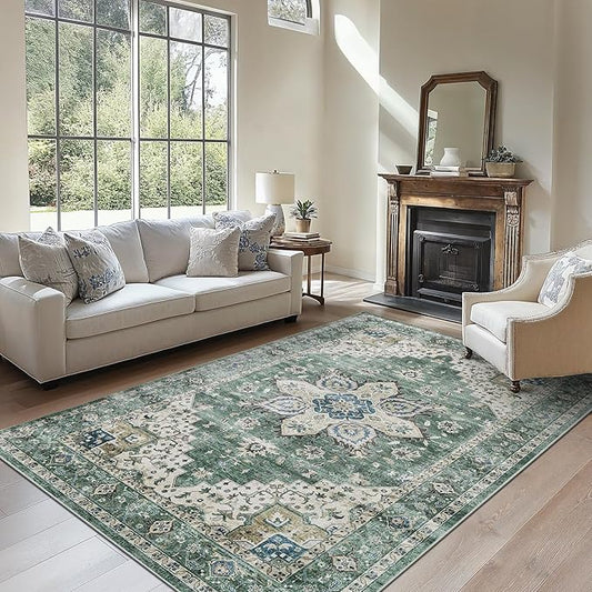 AMADA HOMEFURNISHING 6x9 Area Rug, Washable Low-Profile Large Area Rug with Non-Slip Backing & Durable Edge Binding, Vintage Large Rugs for Living Room, Bedroom