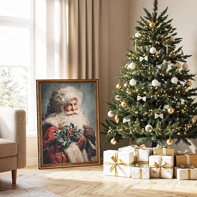 TracyArt Vintage Christmas Decor, Santa Claus with Sprig of Holly Artwork - Christmas Decorations, Unframed 13" x 17"