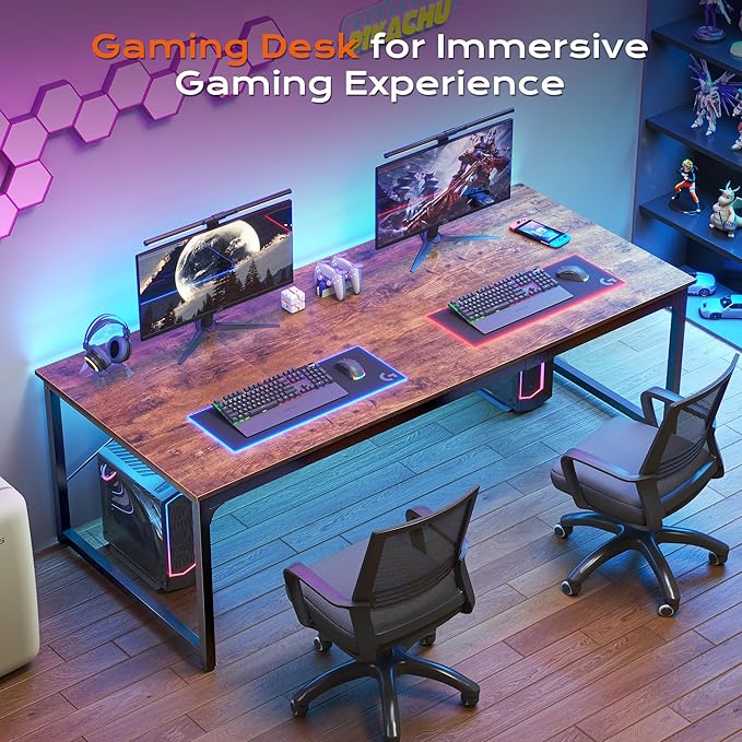 PRAISUN 70.8 X 29.5 Inch Computer Desk with Deeper Desktop, Gaming Office Writing Work Desk for Home Office, Study, Bedroom, Work from Home, Metal Frame, Rustic Brown