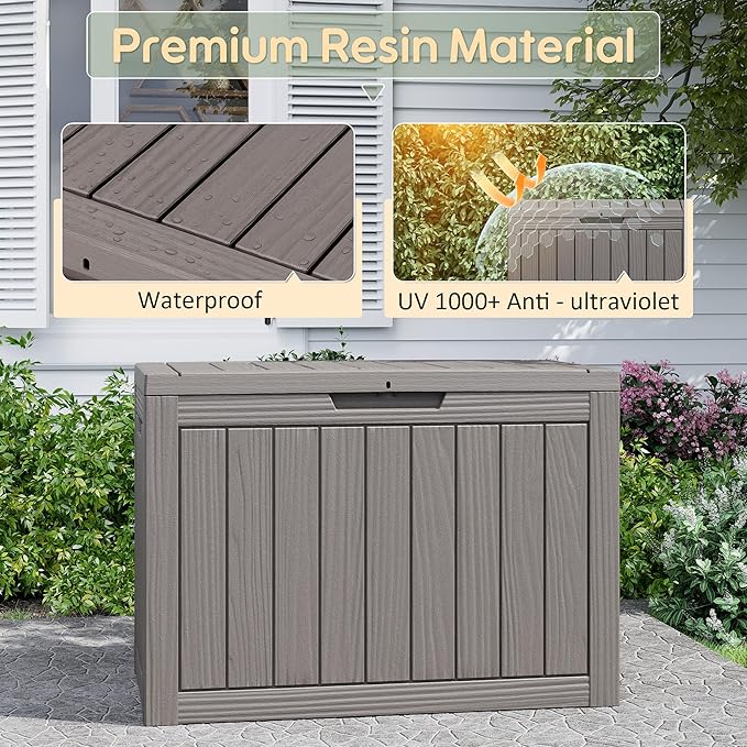 Outdoor Storage Box, Resin Deck Boxes Indoor and outdoor, Waterproof Storage Box Lockable Lid (Grey, 45 Gallon)