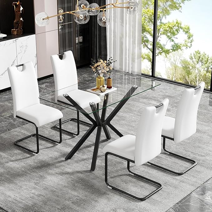 47.2" Glass Dining Table, Modern Kitchen Table for 4 People, Contemporary Rectangular Dining Room Dinner Tables with Clear Glass Top & Black Metal X Legs for Kitchen Apartment