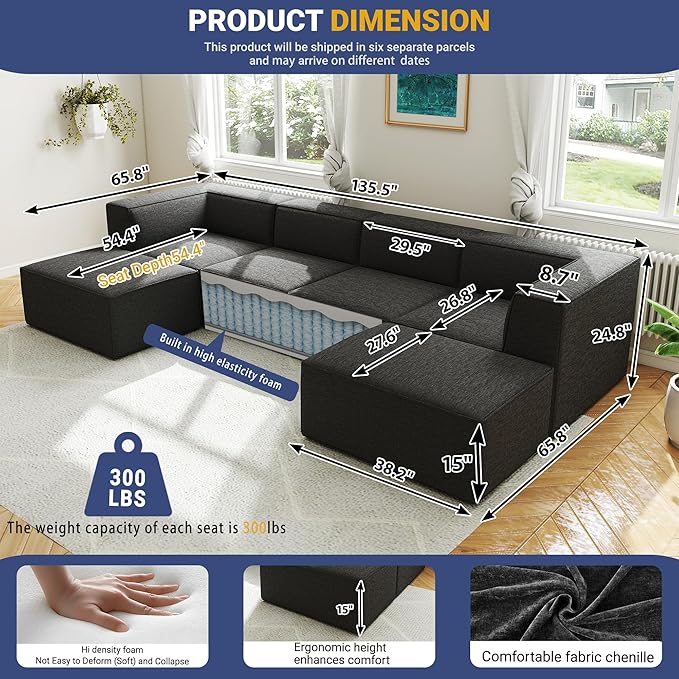 136" 6-Piece Sectional Sofa Modular Couches,L-U-Shaped with Chaise,for Living Room,Compressed Foam No Assembly,for Living Room (2xArmless Corner Ottoman) Fabric Chenille Dark Grey