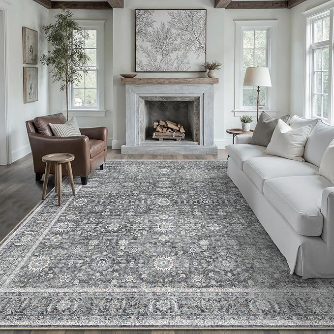 Blue 8x10 Area Rug Non Slip Large Vintage Living Room Distressed Machine Washable Retro Carpet Indoor Bedroom Traditional Floral Accent Throw Rug for Office Kitchen Dorm Dining Room