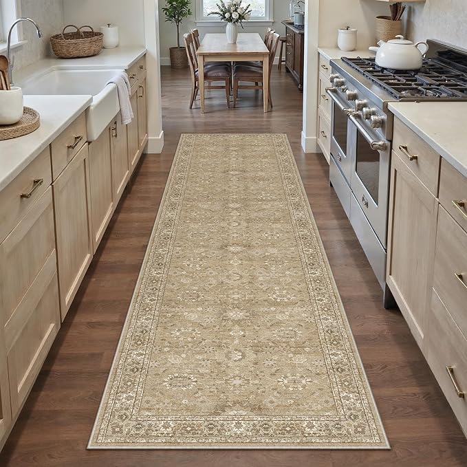 2x8 Brown Runner Rug Hallway Non Slip Kitchen Vintage Distressed Long Carpet Indoor Machine Washable Traditional Floral Bedroom Accent Throw Rug for Office Laundry Bathroom Dining Living Room