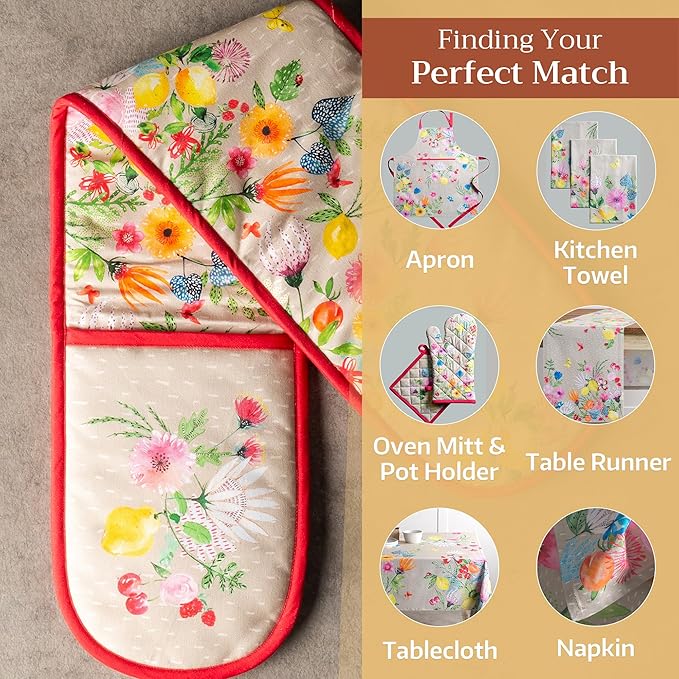 Maison d' Hermine Double Oven Mitts 100% Cotton 7"x35" Double Oven Mitt Heat Resistant BBQ Cooking Gloves with Loop, Baking, Grilling, Kitchen, Handling Hot Pans Spring Summer (Jardin D'Ete - Fog)