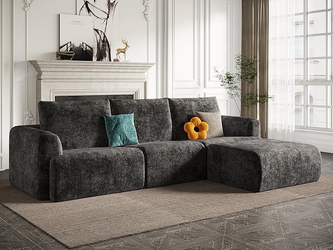 EASE MOOSE Sectional Cloud Couch for Living Room, Modular Boneless Sofa L-Shaped, Modern Cloud Sofa Set with Fluffy Foam, Oversized 4-Seater Comfy Sofa with Ottoman for Bedroom, Chenille (Dark Grey)