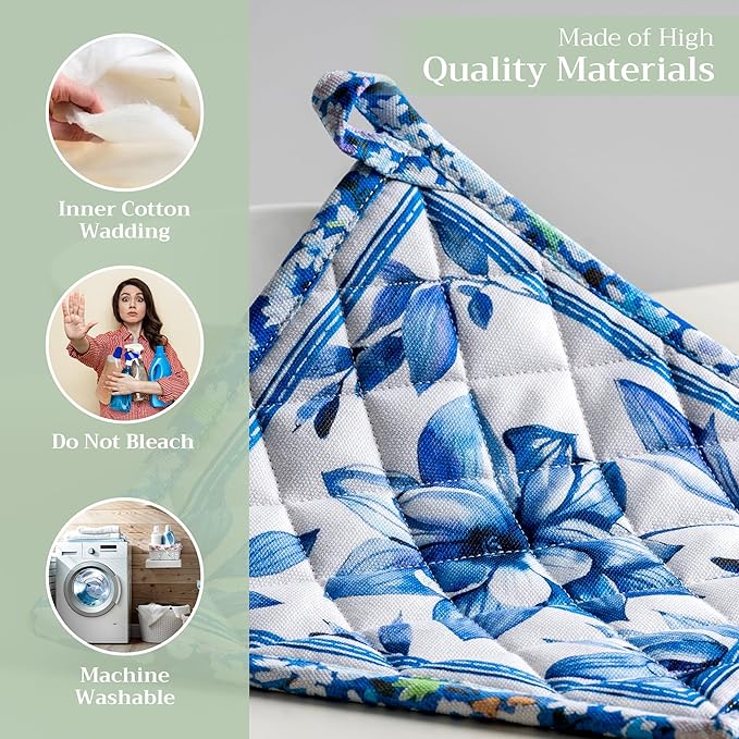 Maison d' Hermine Pot Holders 100% Cotton Heat Resistant Potholders 8" x 8" Hot Pads with Loop BBQ, Cooking, Baking, Grilling, Kitchen, Handling Hot Pans Spring/Summer (Pack of 1, Summer Blues)