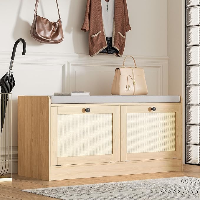 MHOM Rattan Shoe Bench for Entryway, Hallway and Bedroom - Boho Bench with Storage Cabinets and Seat Cushion - Wooden Storage Bench Fits up to Size 16 - Natural Oak