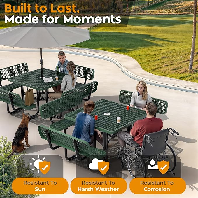 Metal Picnic Tables for Outdoors with Umbrella Hole - Coated Steel Heavy Duty Commercial Grade Furniture with Adjustable Seats (Green, 46 in, Square with Back, Expanded Steel)