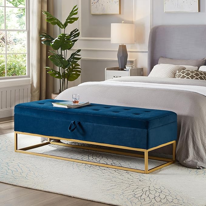 mikibama Velvet Storage Bench,58.6" Long Ottoman with Storage for Living Room,Tufted Storage Benches for Bedroom End of Bed,Entryway,Rectangle Window Seating Bench with Storage. (Velvet Navy)