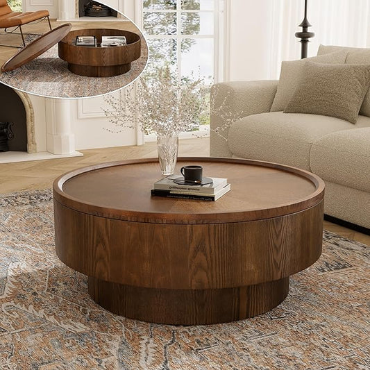 Round Coffee Table with Storage 30.7" Handcraft Drum Wooden Center Table Mid Century Modern Coffee Table Luxury Wood Circle Tea Table for Living Room Apartment, Small Space (Brown)