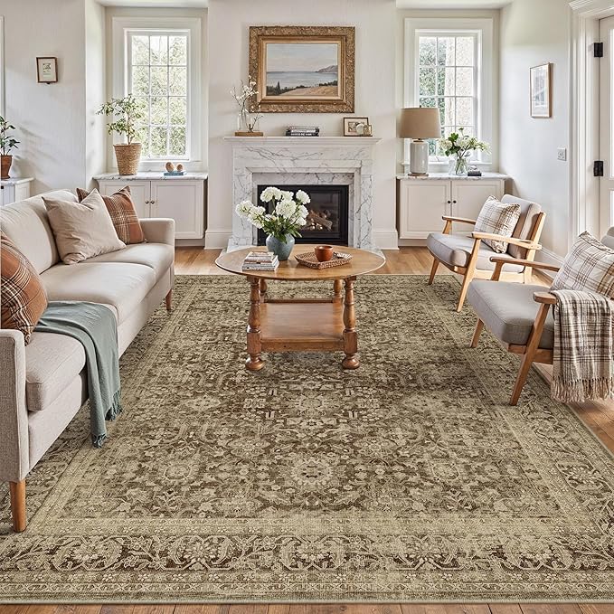 Brown 8x10 Area Rug Non Slip Large Vintage Living Room Distressed Machine Washable Retro Carpet Indoor Bedroom Traditional Floral Accent Throw Rug for Office Kitchen Dorm Dining Room