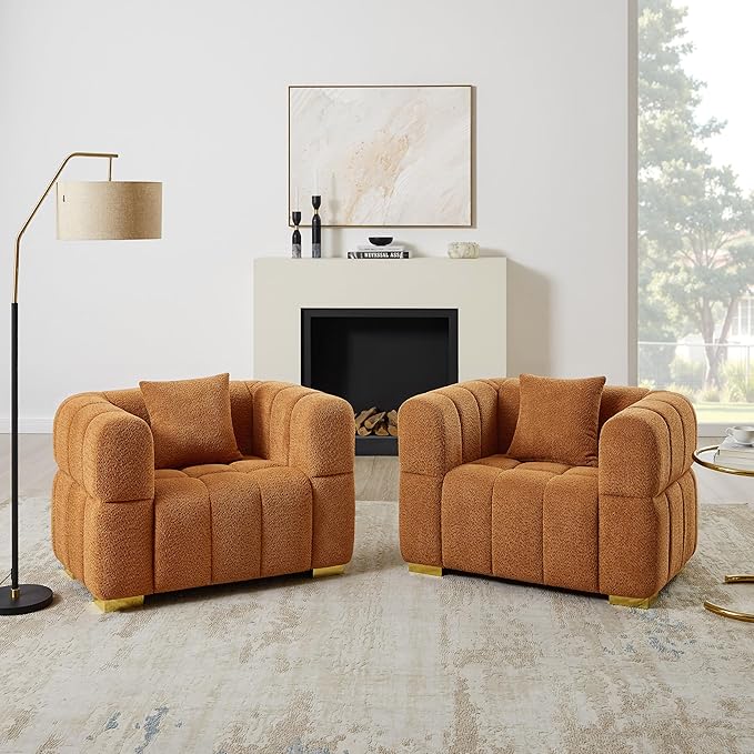 VANOMi Oversized Accent Chairs Set of 2, Boucle Arm Chair with Deep Seat, Oversized Comfy Reading Chair for Living Room, Bedroom, Office, Apartment，Curry (2 Piece)
