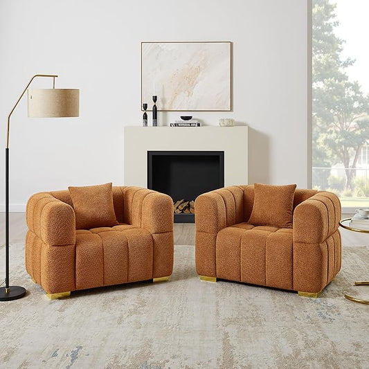 VANOMi Oversized Accent Chairs Set of 2, Boucle Arm Chair with Deep Seat, Oversized Comfy Reading Chair for Living Room, Bedroom, Office, Apartment，Curry (2 Piece)