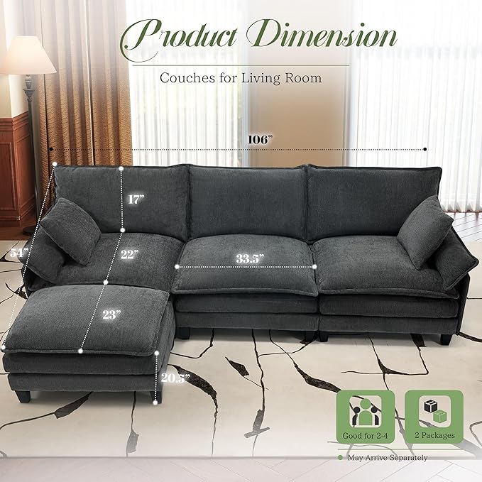 Modular Sectional Sofa, Comfy Cloud Couch with Movable Ottoman, Deep Seat Couches for Living Room, Bedroom and Apartment, 106" L Shaped Modern Sofa with Pillows, Grey