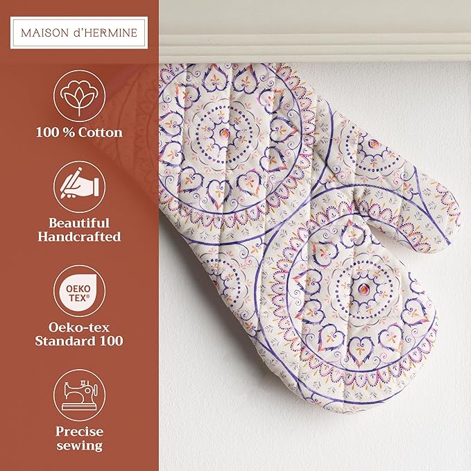 Maison d' Hermine Oven Gloves 100% Cotton Oven Mitt 7" x 13" with Loop Heat Resistant, BBQ, Cooking Gloves, Baking, Grilling, Kitchen, Handling Hot Pans Spring/Summer (Pack of 1, Mandala)