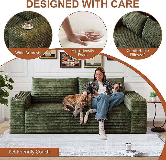 71" Corduroy Loveseat Sofa, 3-Seater Cloud Couch, Boneless Couch in a Box, Comfy Deep Seat Sofa with Memory Foam, Pillows and Wide Armrests, Modern Small Couches for Small Spaces, No Assembly (Green)