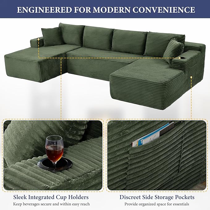 133" Couches for Living Room Deep-Seat Sectional Couch for Living Room Corduroy Boneless Couchs U-Shape Cloud Couch Flexible Modular Sectional Sofa with Chaise Lounge (Green, with Cup Holder)