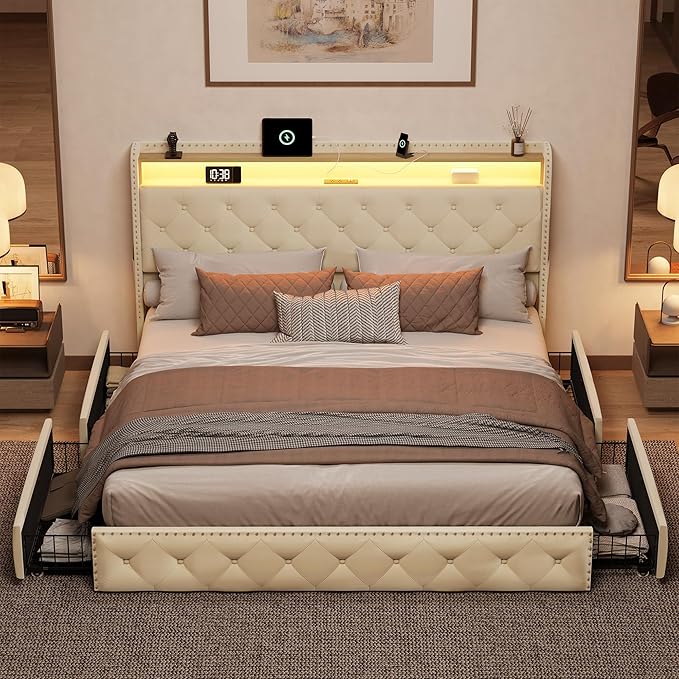 BRELTAM King Size Bed Frame with LED and Charging Station Upholstered Velvet Bed Frame with 4 Storage Drawers, Platform Bed Frame and Headboard Heavy Duty Wood Slats, Noise Free, Easy Assembly, Beige
