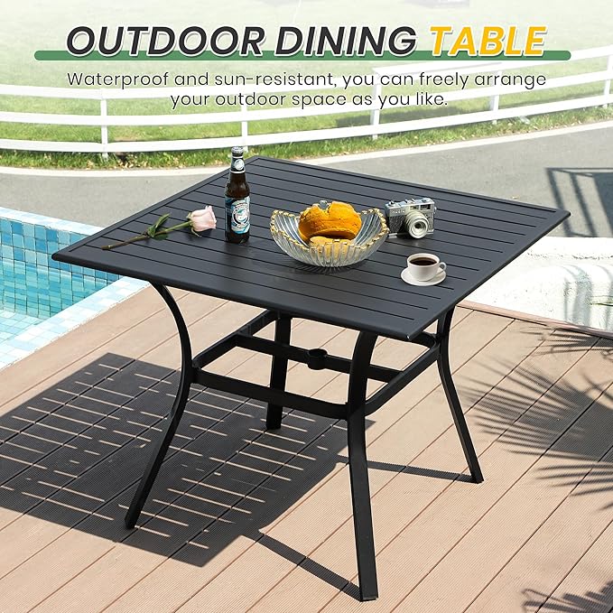 LVUYOYO Outdoor Patio Dining Table, Metal Square Table with Umbrella Hole, All-Weather Furniture for Backyard, Garden,Balcony,Porch (Black)