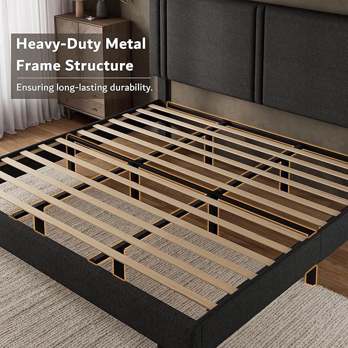 iPormis King Platform Bed Frame with Fabric Upholstered Headboard & Thickened Legs, Mattress Foundation with Solid Wooden Slats Support, No Box Spring Needed, Noise Free, Dark Grey