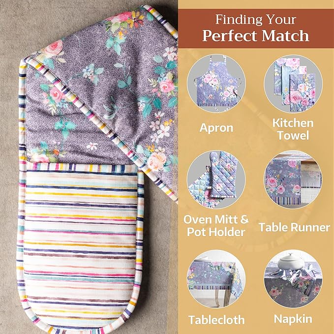 Maison d' Hermine Sweet Rose Lavender 100% Cotton Double Oven Glove with Loop Heat Resistant BBQ Cooking Baking Grilling Microwave Barbecue Spring/Summer (7.5 Inch by 35 Inch)