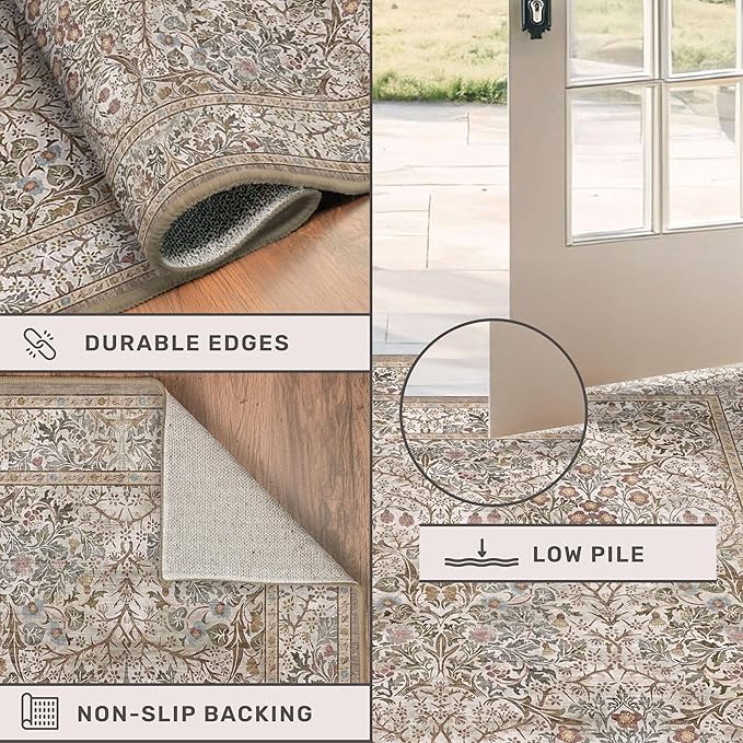 Non Slip 2x10 Moss Green Hallway Runner - 10ft Long Runner Rugs, Washable Kitchen Floor Mat - Vintage Brown Taupe Neutral Floral Design Décor