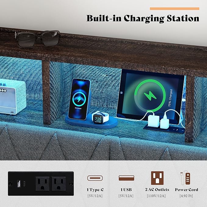 AMERLIFE Full Size Bed Frame with Bookcase Headboard, 4 Storage Drawers, Wooden Platform Bed with Charging Station & LED Light, No Box Spring Needed, Noise-Free, Rustic Brown