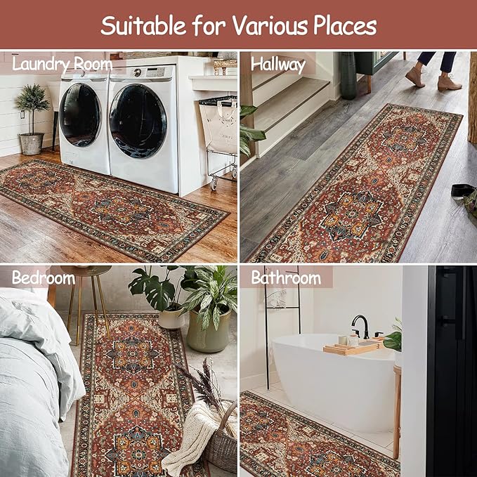 Moynesa Ultra-Thin Washable Runner Rug - 2x6 Non-Slip Hallway Runner Rug Laundry Room Mat, Vintage Stain Resistance Low Pile Bedroom Carpet Runner for Kitchen Entryway Indoor Bathroom Floor, Brown