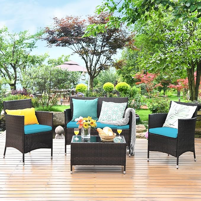Tangkula 4 Pieces Patio Rattan Conversation Set with Tempered Glass Coffee Table & Thick Cushion, Wicker Chair Set for Garden, Lawn, Poolside and Backyard